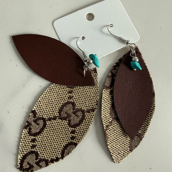 Gucci Jewelry - Gucci upcycled Brown and Tan Leaf Earrings with Turquoise Accent hook brand new